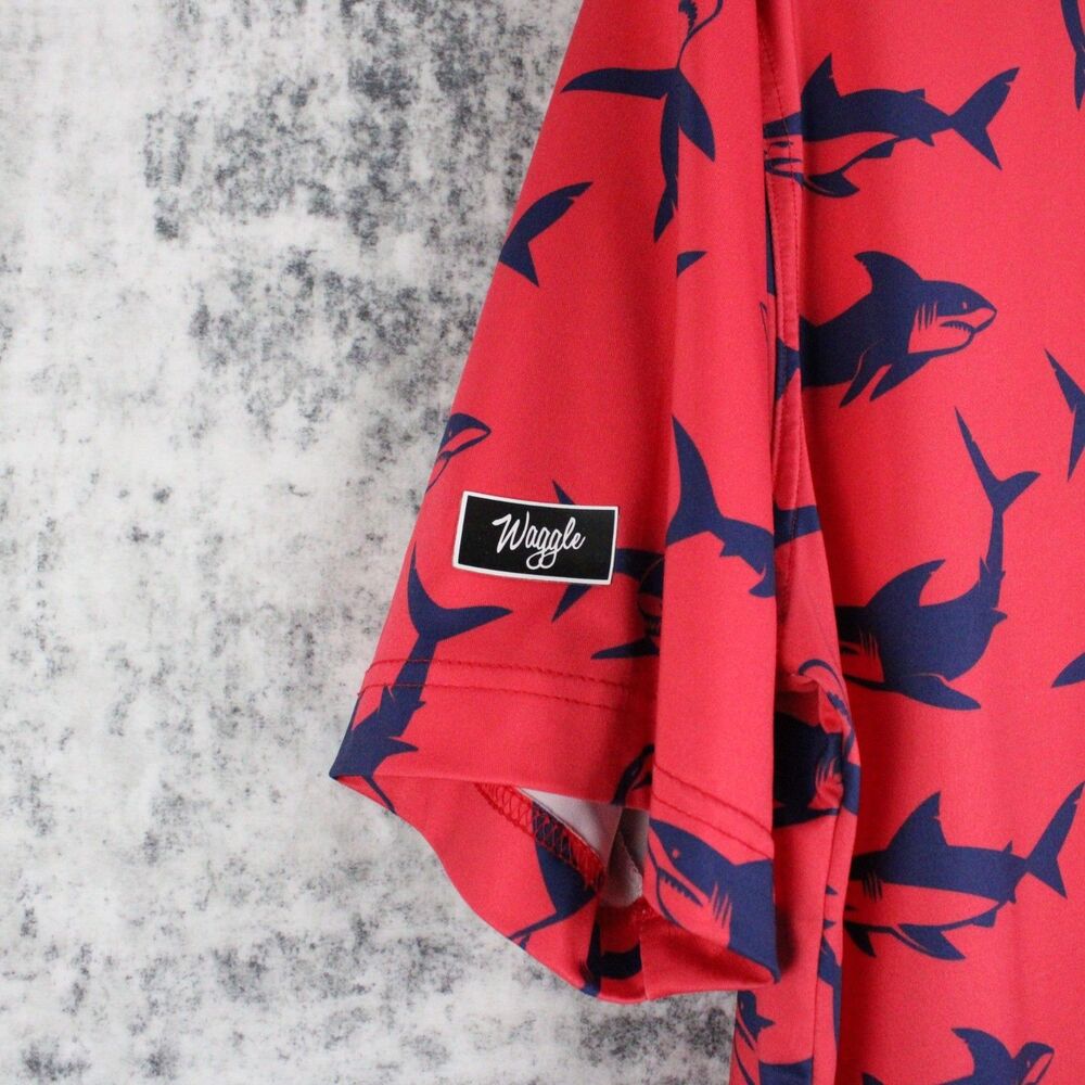 Waggle Polo Shirt Mens XL Red Shark Print Stretch Performance Golf - Picture 7 of 12